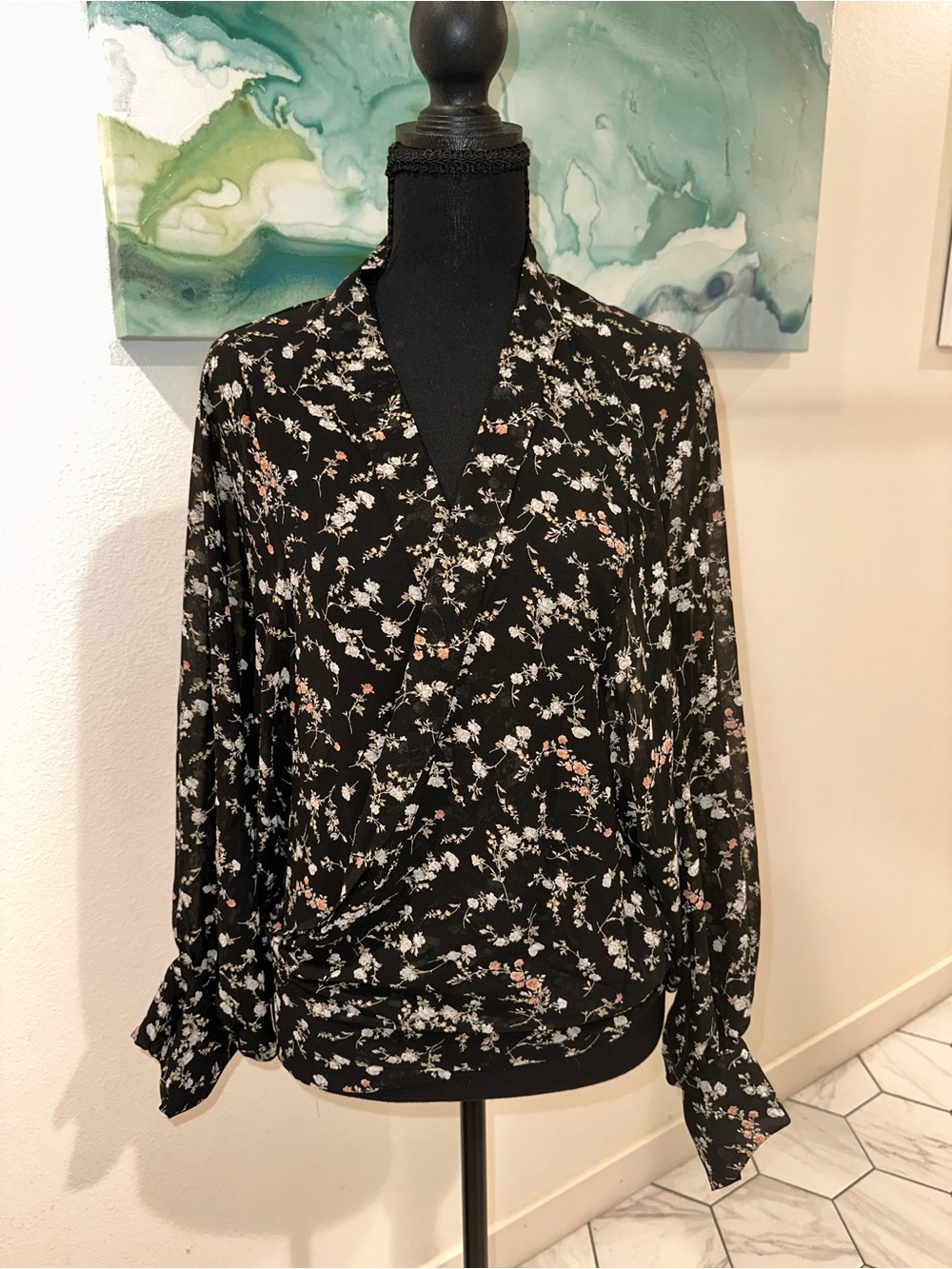Black Floral Wrap Blouse with Delicate Print